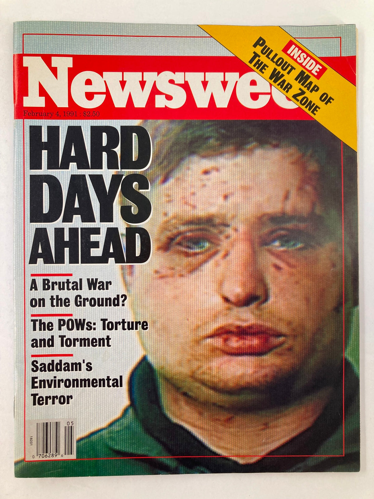Cover of Newsweek Magazine February 4, 1991, featuring the title 'Hard Days Ahead' with a striking portrait illustrating the effects of war. The magazine includes articles about the Gulf War and environmental issues.