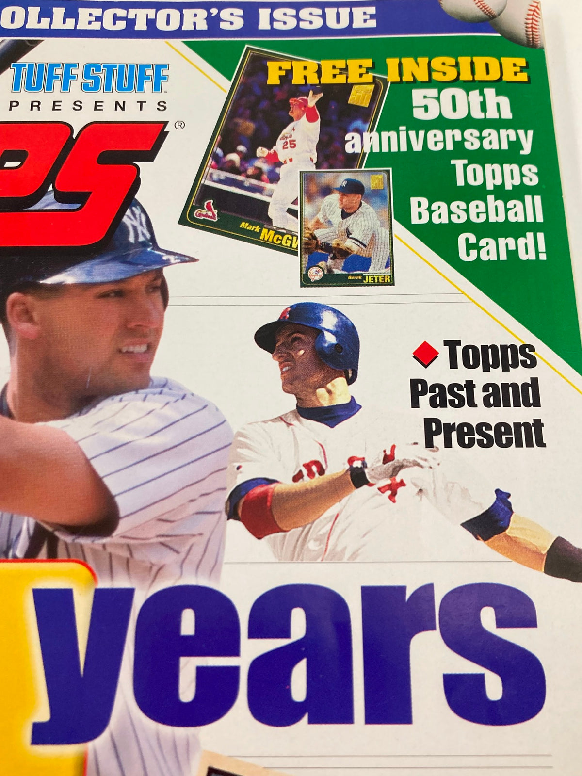 Detail from the 2001 Tuff Stuff Presents 50 Years of Topps magazine showcasing the announcement of a free 50th anniversary Topps Baseball card.
