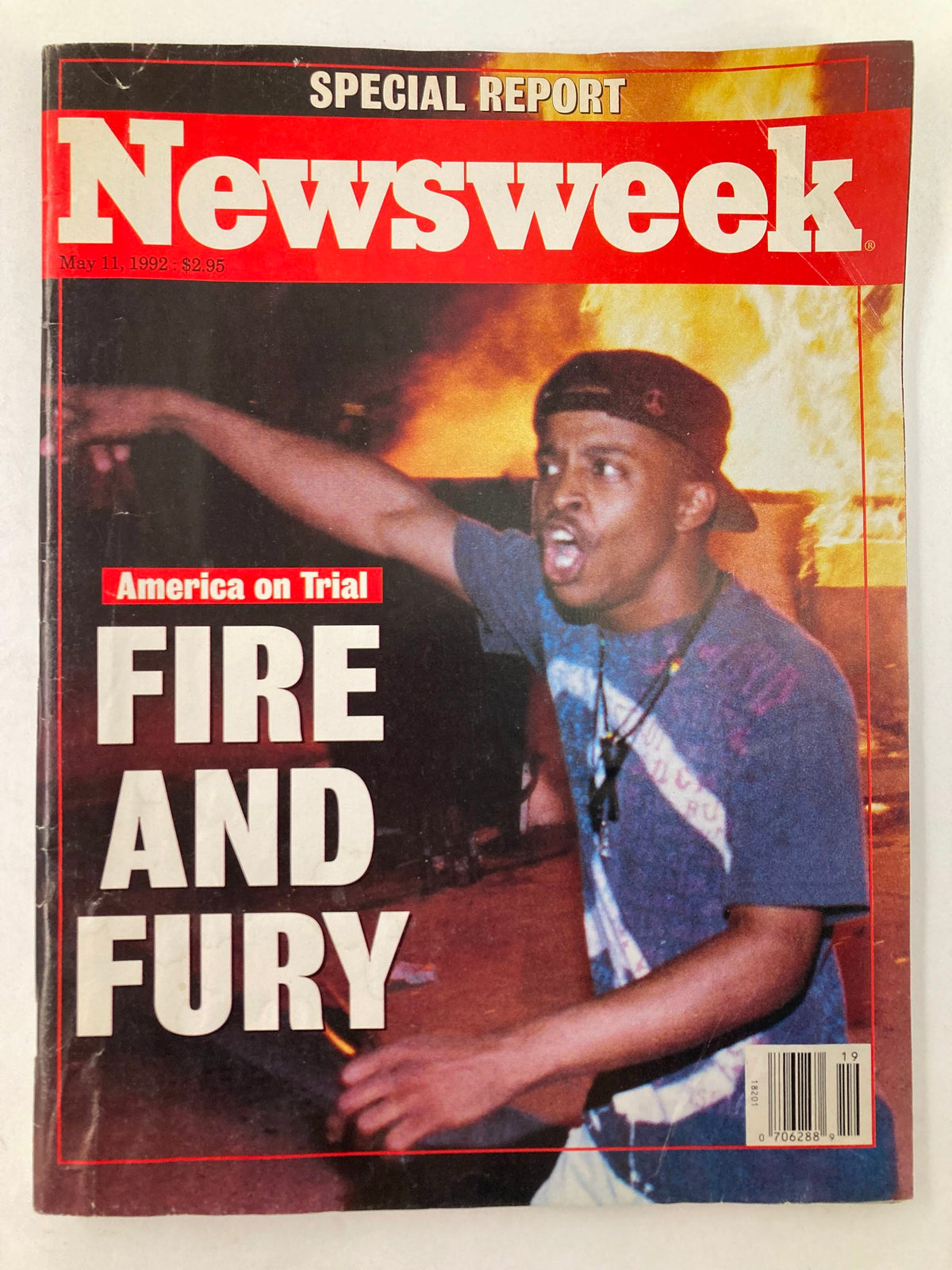 Newsweek Magazine Cover from May 11, 1992, titled 'America on Trial: Fire and Fury', highlighting intense societal discussions with striking visuals.