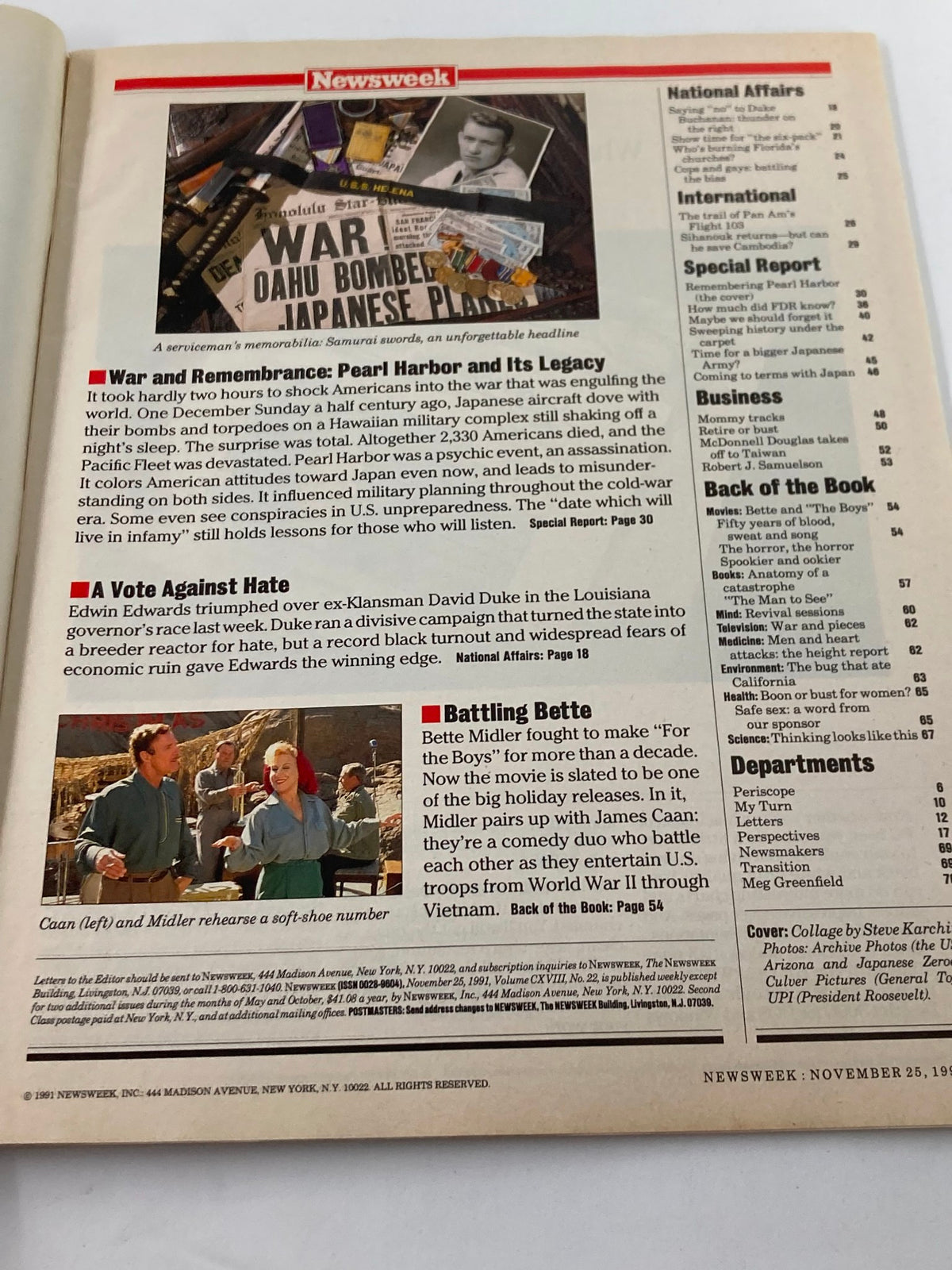 Inside page of Newsweek Magazine, November 25, 1991, showcasing articles about Pearl Harbor and related topics with images and headlines.