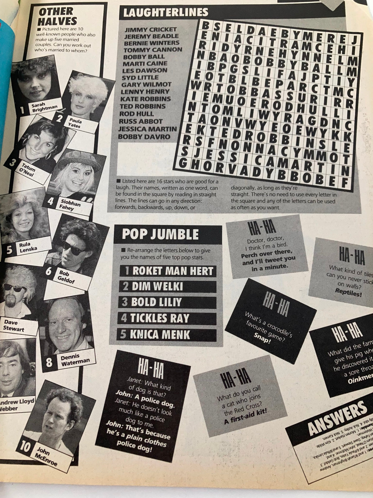 Interior page of VTG Lookin Magazine October 3 1987 #41 featuring a crossword puzzle and celebrity caricatures.