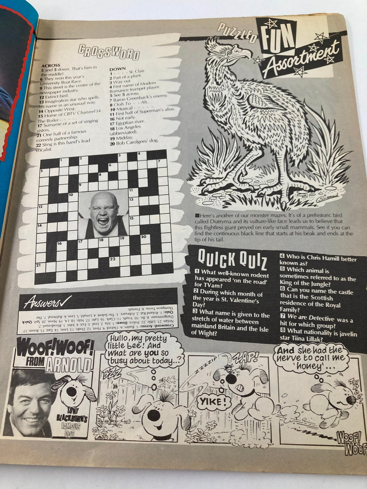 Interior page of VTG Lookin Magazine October 1 1983 #40, displaying a crossword puzzle and fun assortment feature, highlighting 80s pop culture trivia.