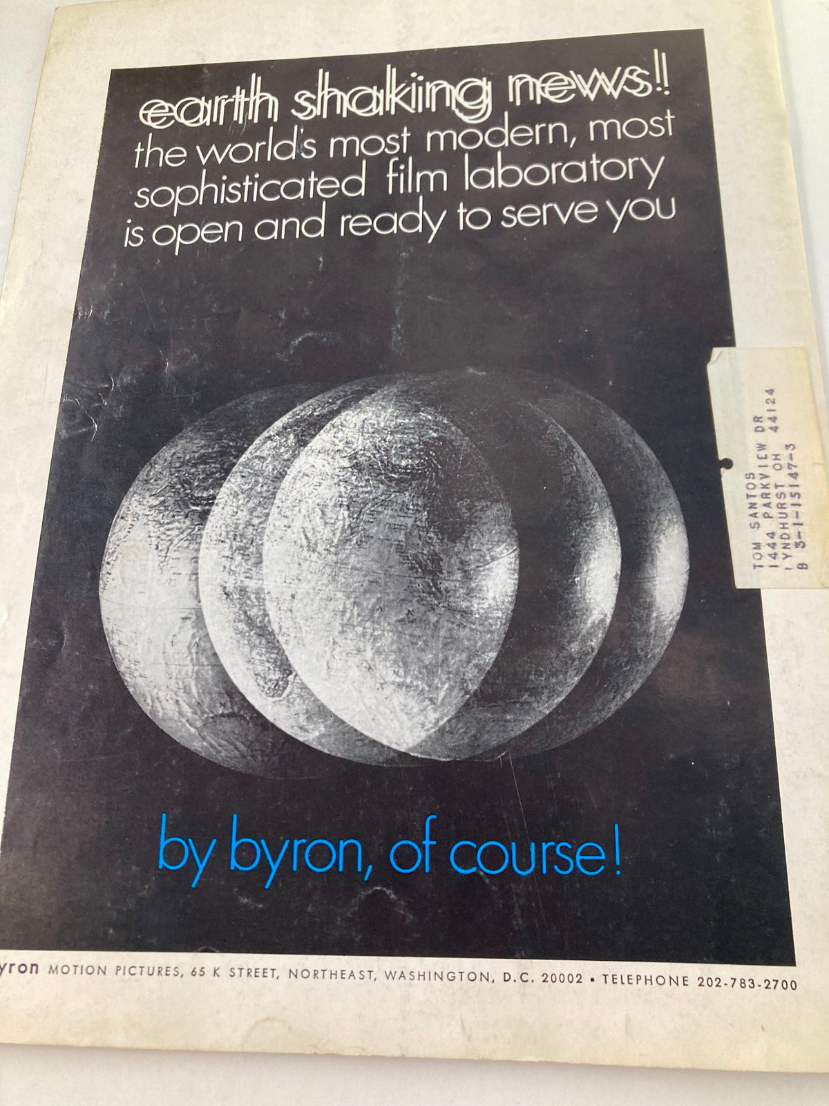 Back cover of American Cinematographer Magazine, August 1968, featuring an advertisement for a modern film laboratory.
