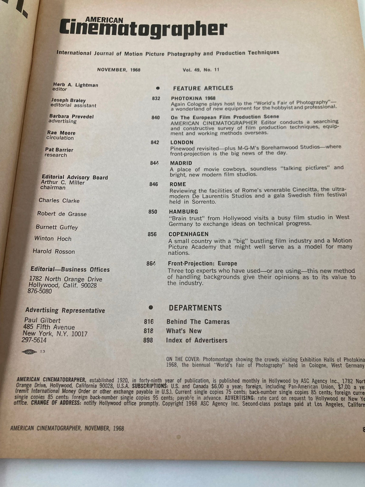 Editorial page of American Cinematographer Magazine, November 1968, detailing feature articles and departments, including coverage of Photokina 1968.