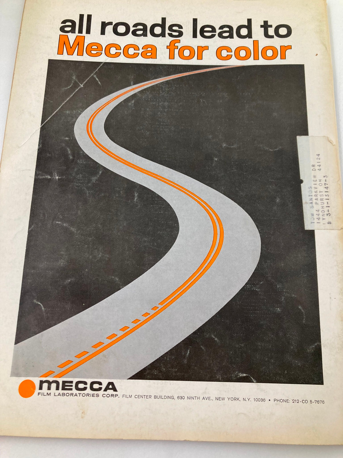 Cover of American Cinematographer Magazine November 1968 featuring a graphic design that reads 'all roads lead to Mecca for color', emphasizing film and cinematography themes.
