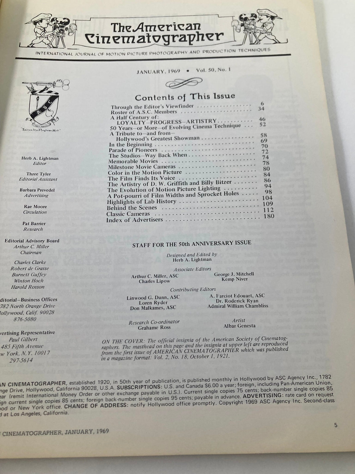 Contents page of American Cinematographer Magazine January 1969, listing articles and features related to the art of cinematography and film industry pioneers.