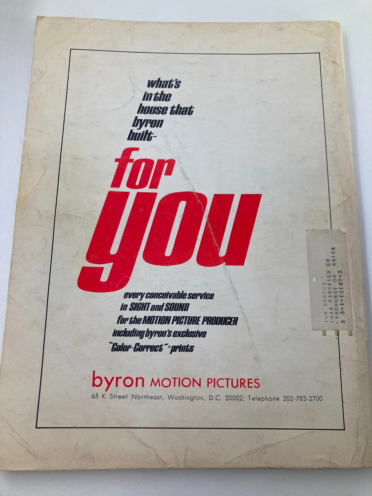 Back cover of American Cinematographer Magazine January 1969 displaying an advertisement for Byron Motion Pictures, highlighting services for motion picture producers.