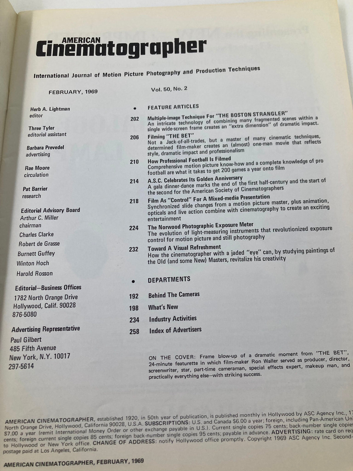 Contents page of American Cinematographer Magazine February 1969, listing articles including 'Filming The Bet', showcasing key features and contributors.