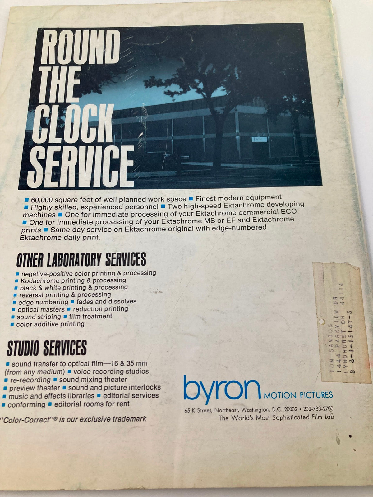 Back cover of American Cinematographer Magazine February 1969 displaying service offerings related to photography, emphasizing the magazine's vintage design.