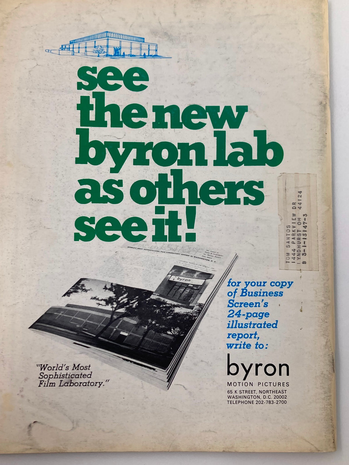 Back cover of the May 1969 American Cinematographer Magazine promoting Byron film laboratory with a visual representation of the laboratory and an advertisement.