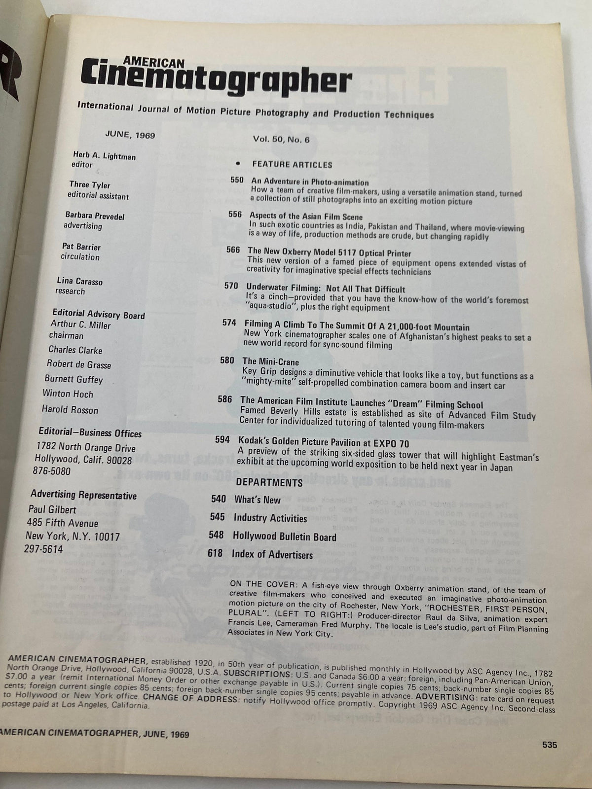 Inside page of American Cinematographer Magazine June 1969 showcasing feature articles including 'An Adventure in Photo-animation', volume 50, number 6.