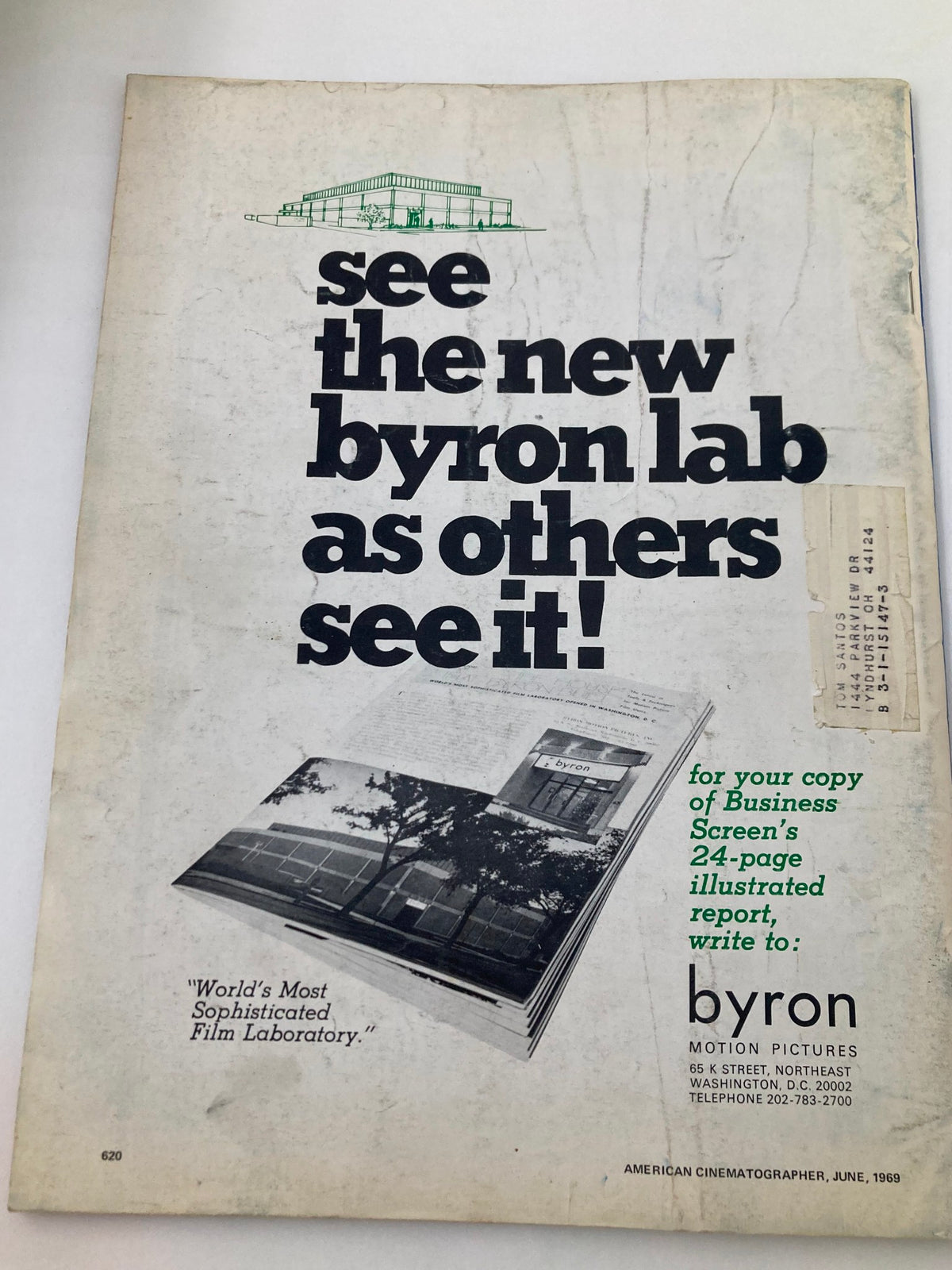 Back cover of American Cinematographer Magazine June 1969 featuring an advertisement for Byron Motion Pictures, promoting their film laboratory services.