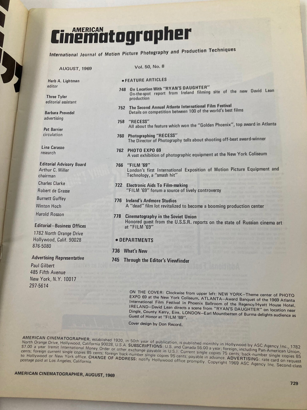 Interior page of American Cinematographer Magazine August 1969 listing feature articles and editorial information, reflecting the publication's commitment to cinematography and film production techniques.