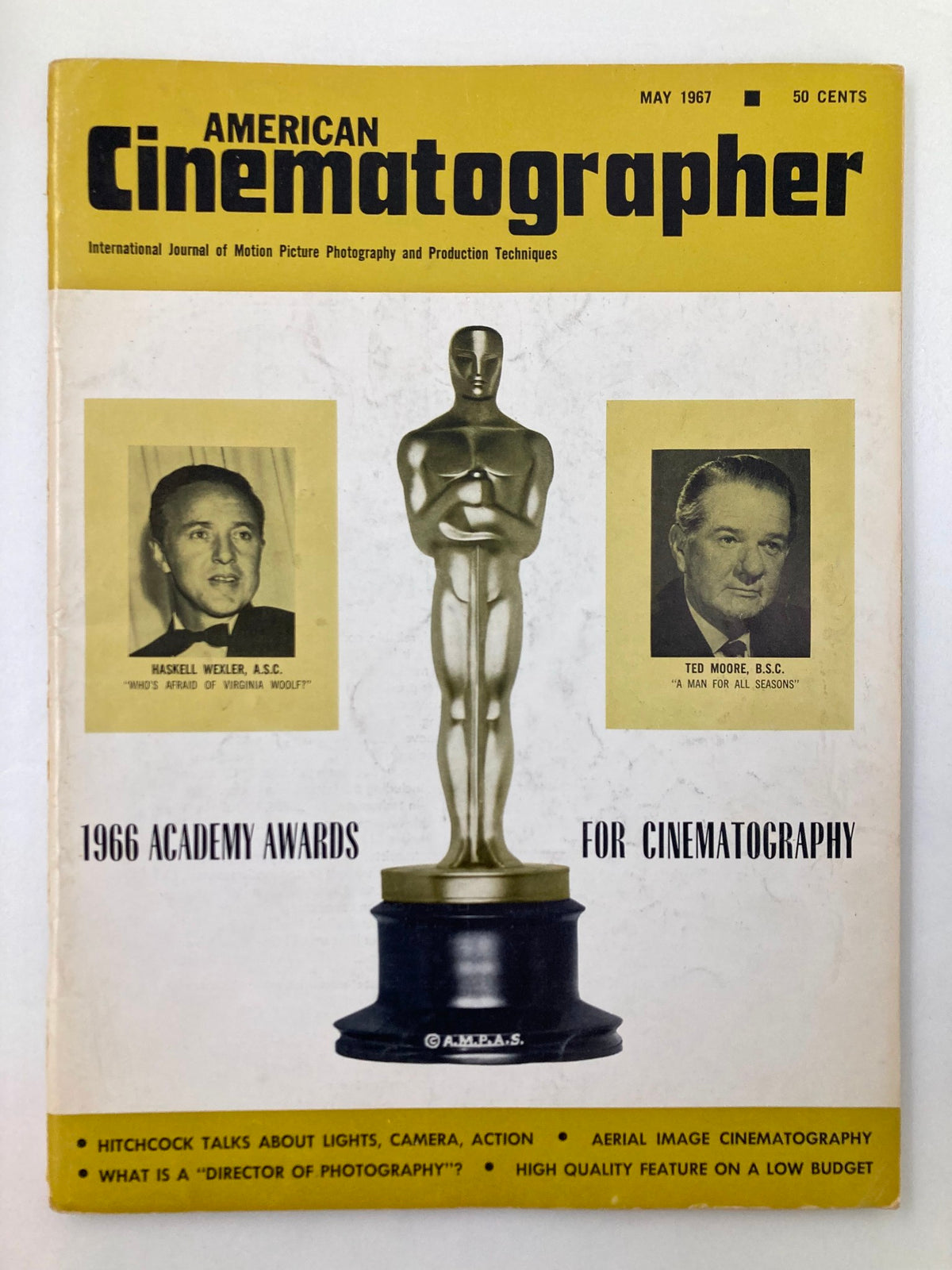 Cover of American Cinematographer Magazine May 1967 featuring Haskell Wexler and Ted Moore, showcasing an Oscar trophy, and highlights from the 1966 Academy Awards for Cinematography.