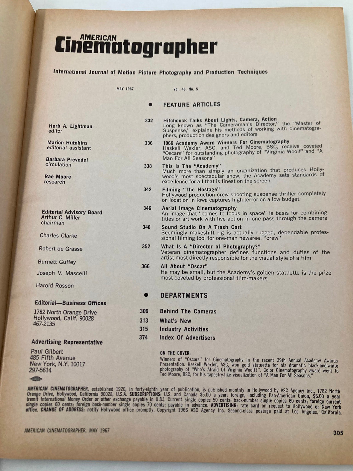 American Cinematographer Magazine May 1967 featuring an editorial page with table of contents and articles on cinematography including contributions from Haskell Wexler and Ted Moore.