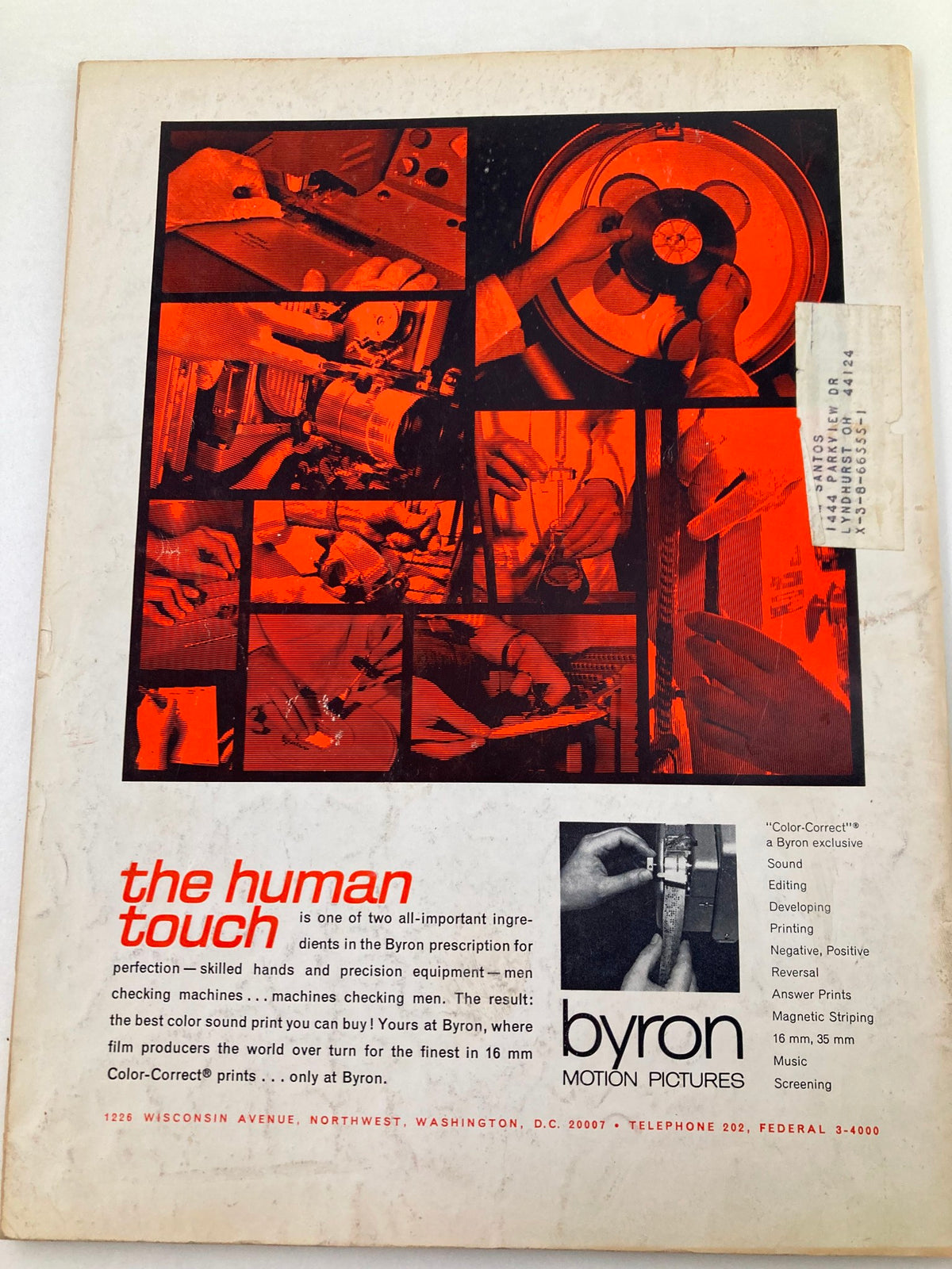 American Cinematographer Magazine May 1967 showcasing the back cover with colorful images and text promoting Byron Motion Pictures and its film production services.