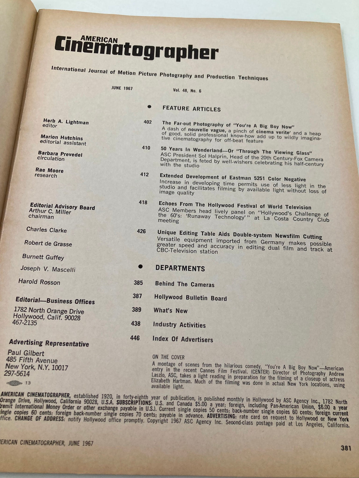 Table of contents from the American Cinematographer Magazine June 1967, showcasing feature articles about 'You're A Big Boy Now' and techniques in cinematography.