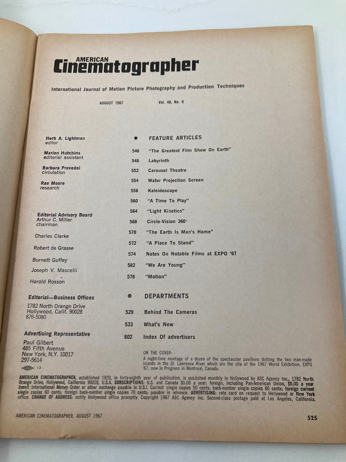 Interior page of American Cinematographer Magazine August 1967 listing the feature articles and editorial information.