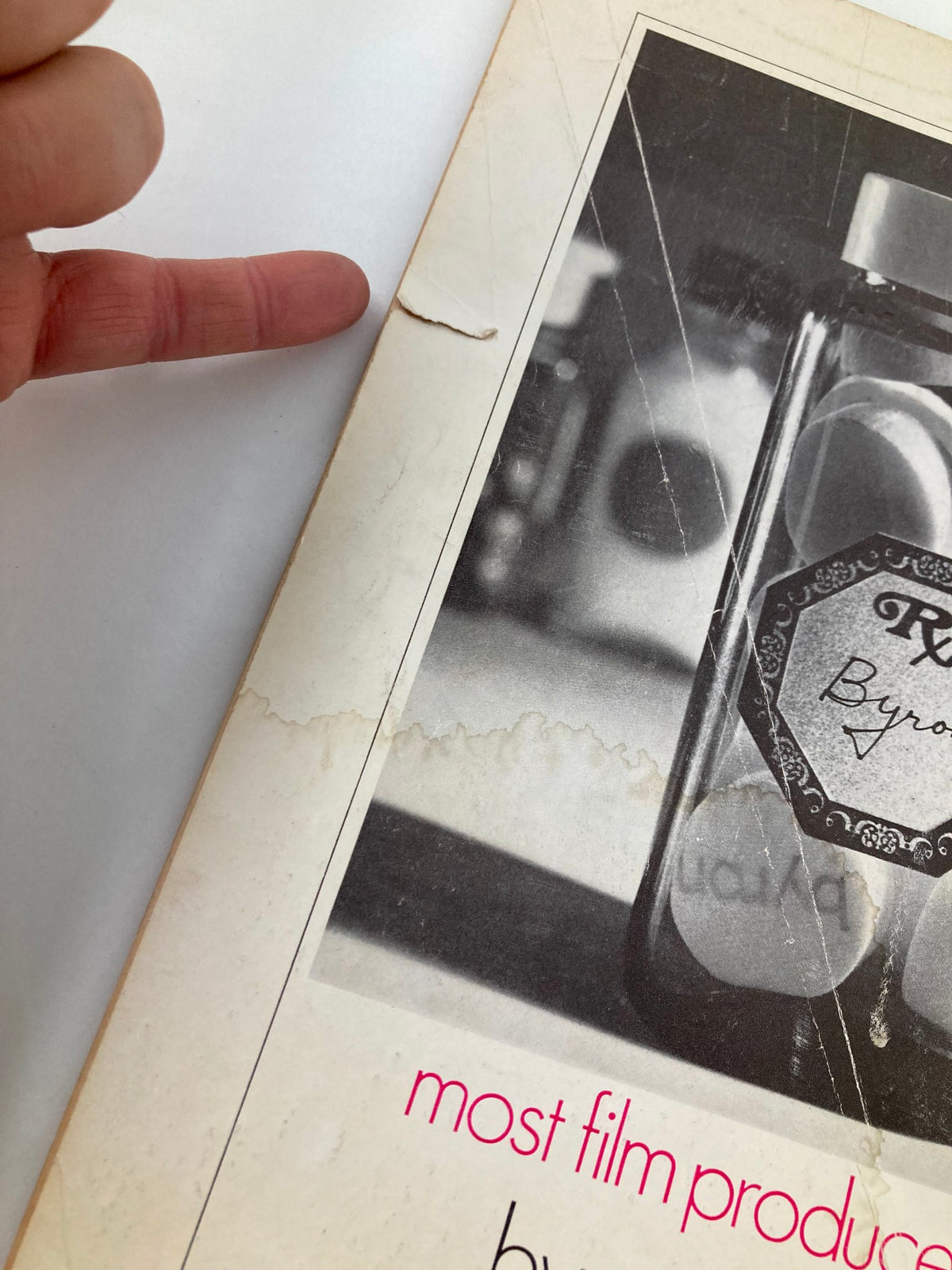 Detail of the back cover of American Cinematographer Magazine November 1967, focusing on an advertisement for Byron with visible wear indicative of its vintage nature.