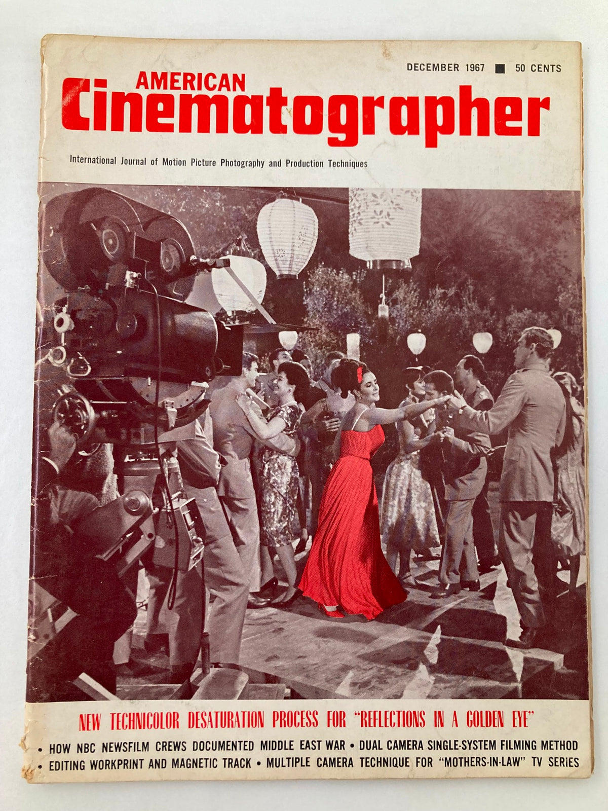 Cover of American Cinematographer Magazine from December 1967 featuring the article 'Reflections in a Golden Eye,' displaying a vibrant film scene with people dancing and a vintage camera setup.