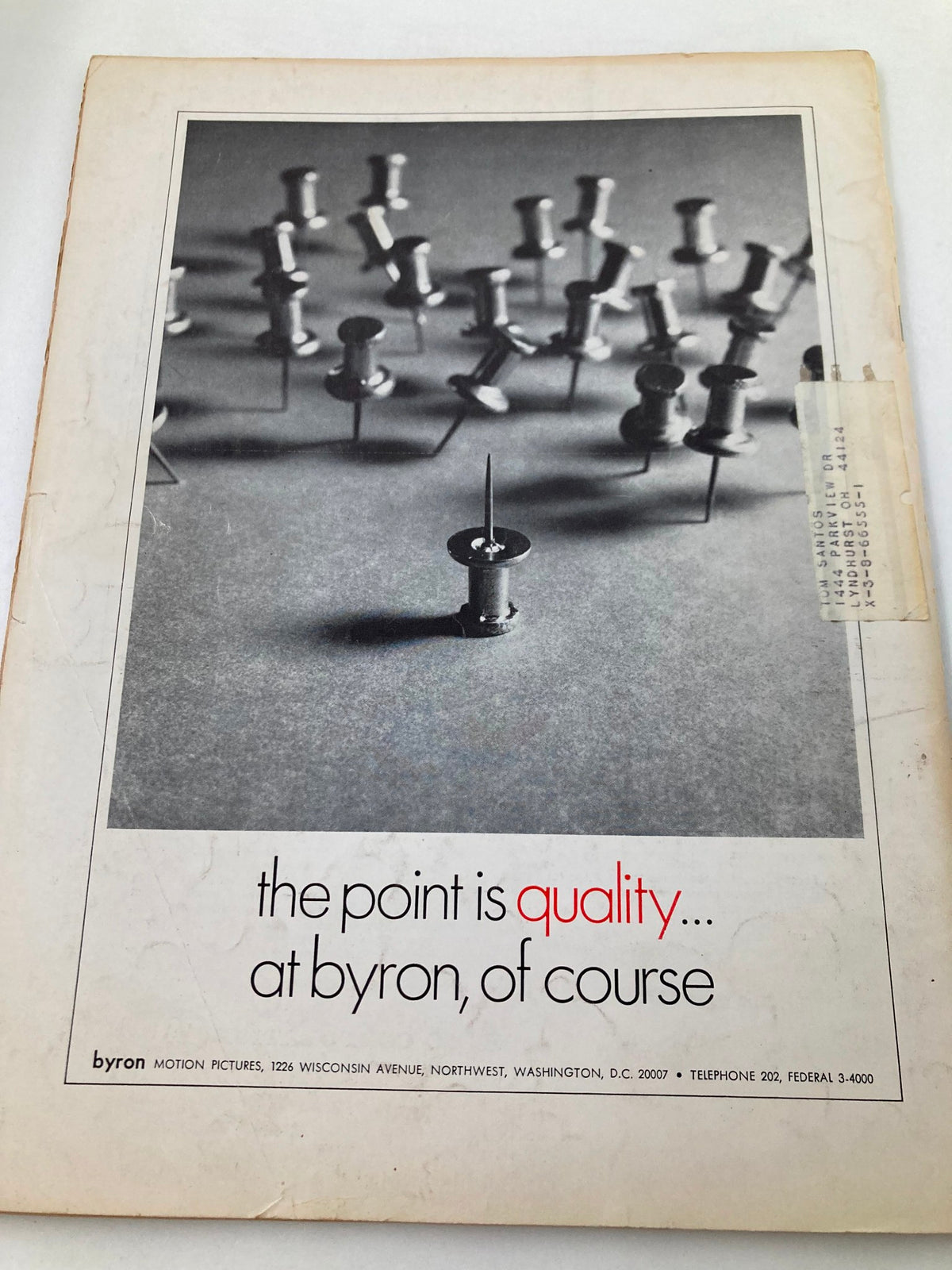 Back cover of the American Cinematographer Magazine December 1967, featuring a minimalist photo and text promoting quality filmmaking.