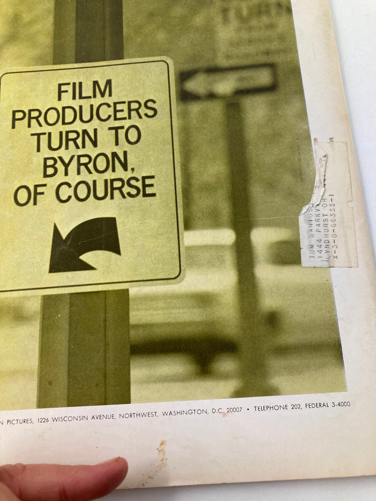 Close-up of the back cover of American Cinematographer Magazine February 1968 featuring the sign 'FILM PRODUCERS TURN TO BYRON, OF COURSE' with detailed contact information for Byron Motion Pictures.
