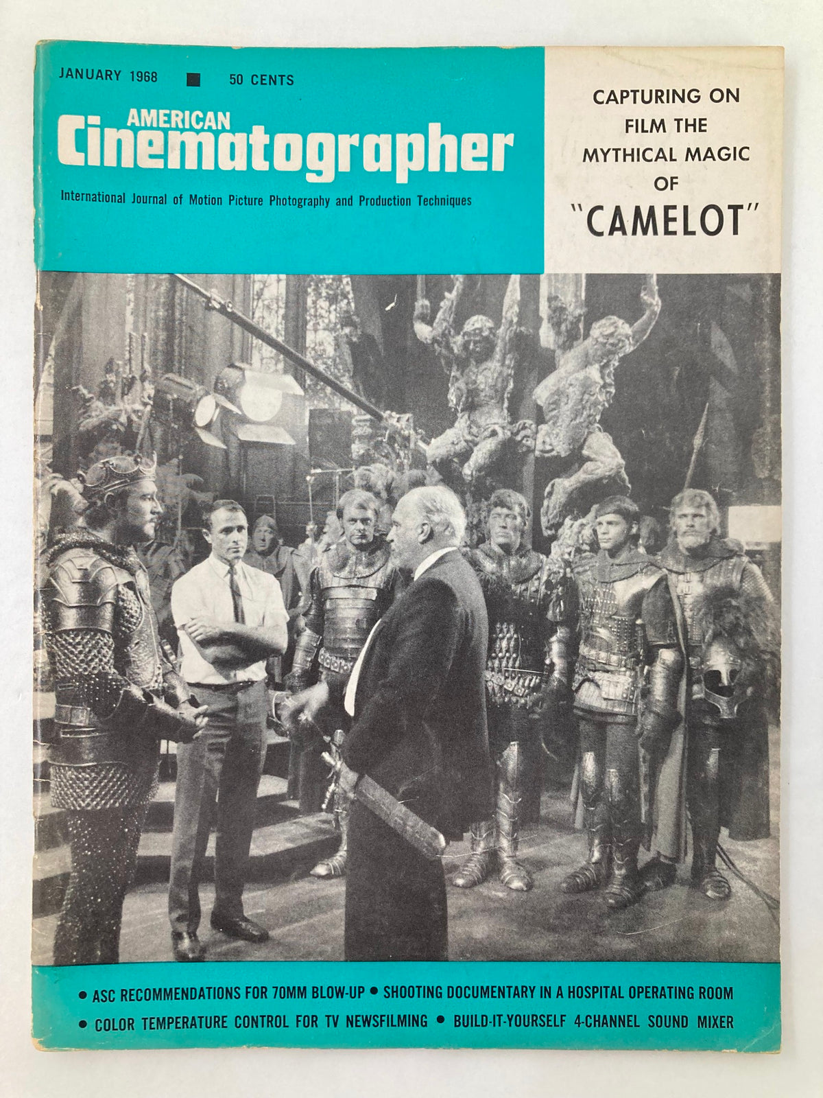 Cover of American Cinematographer Magazine January 1968 featuring the mythical magic of 'Camelot', showcasing an iconic scene with actors and intricately designed costumes.