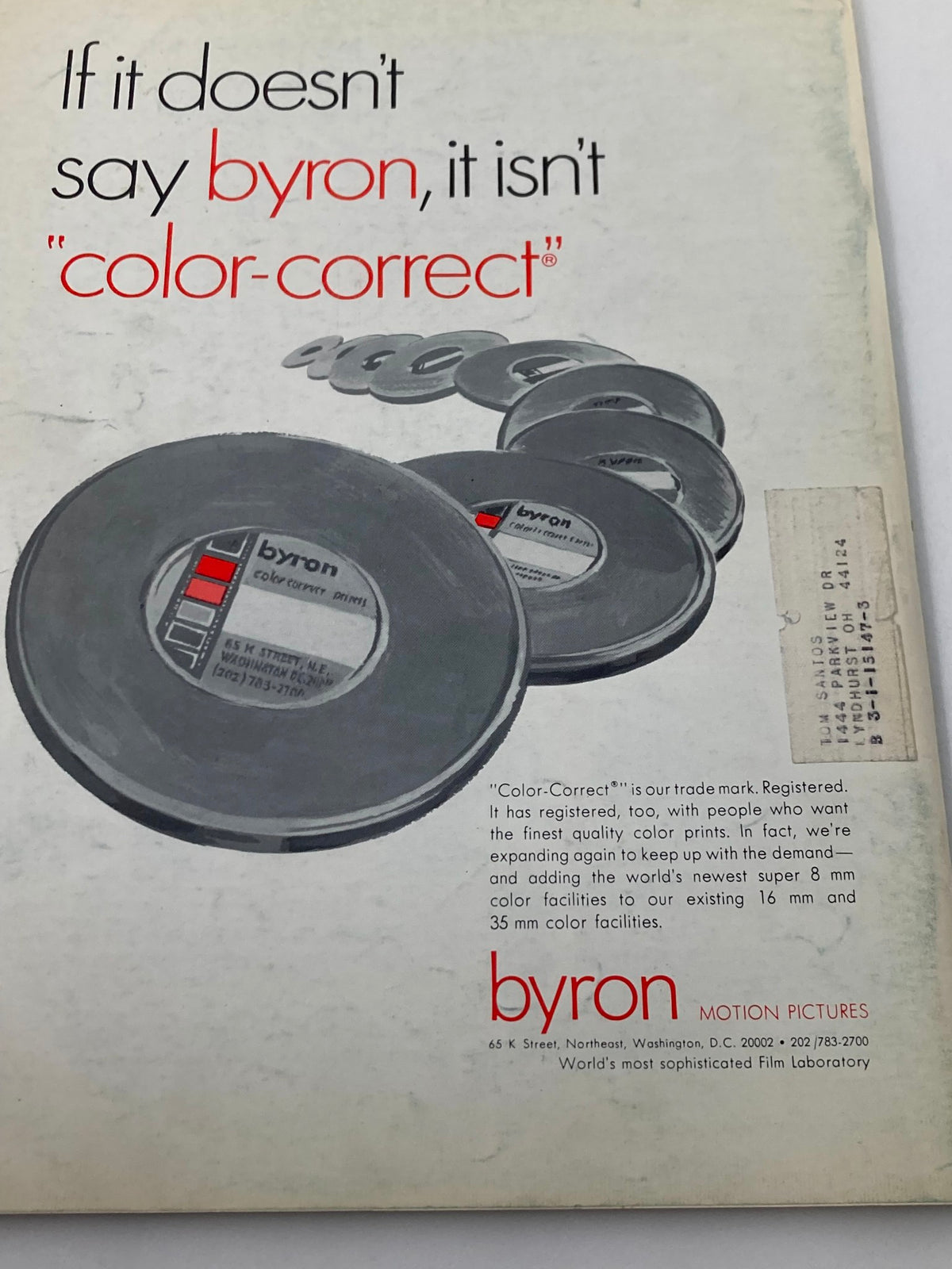 Back cover advertisement of Byron Motion Pictures in American Cinematographer Magazine March 1970, promoting color-correct film printing services.