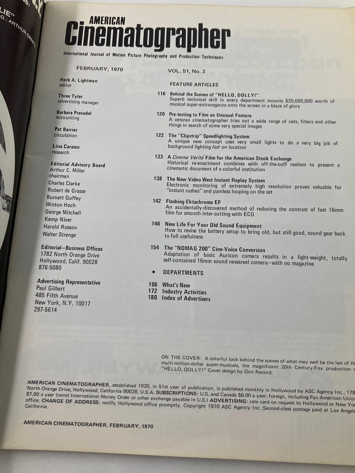 Inside page of American Cinematographer Magazine from February 1970, listing feature articles including 'Behind the Scenes of Hello, Dolly!' and showcasing technical insights for filmmakers.