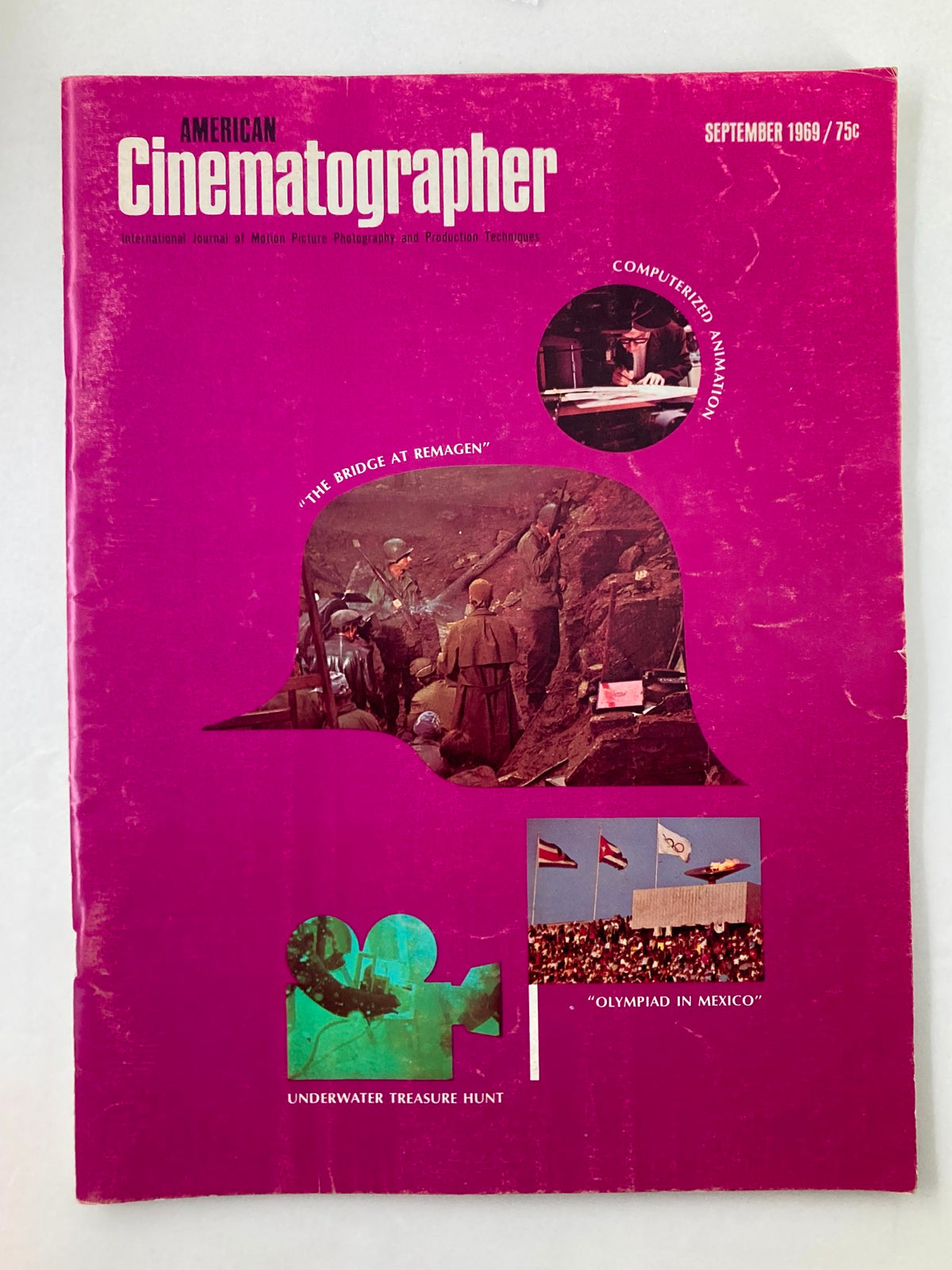 Cover of American Cinematographer Magazine from September 1969, featuring articles on 'The Bridge at Remagen' and 'Olympiad in Mexico' with a vibrant pink background.