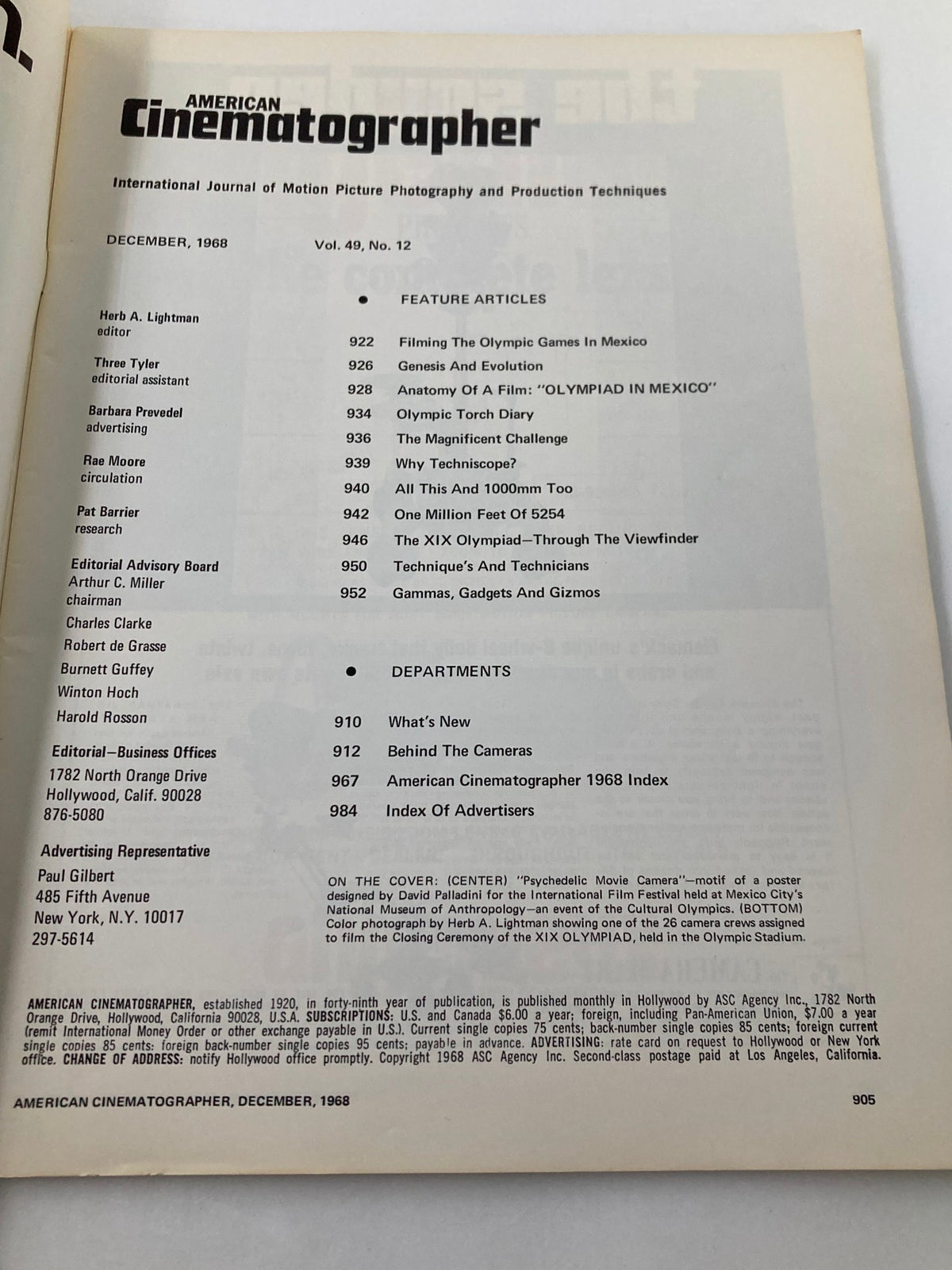 Interior page of American Cinematographer Magazine December 1968 showcasing the table of contents and feature articles related to the coverage of the Olympic Games in Mexico.