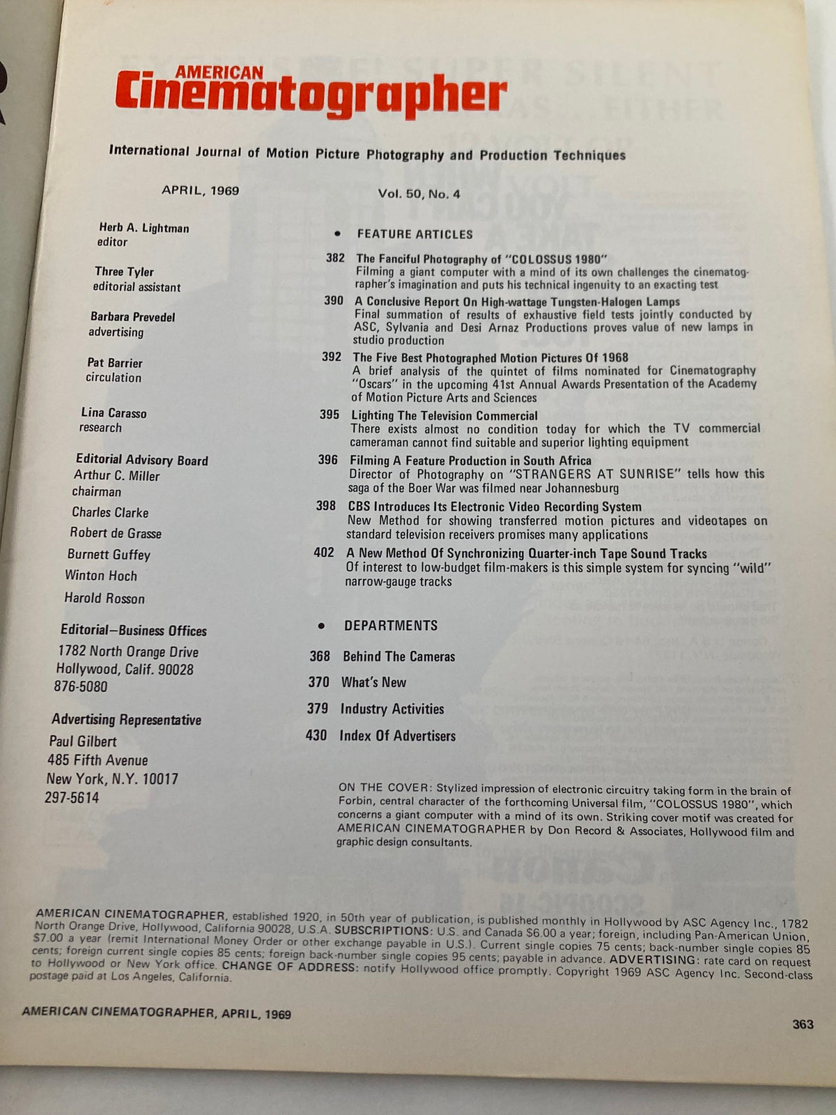 Table of contents from American Cinematographer Magazine, April 1969 issue including feature articles and editorial details. The issue examines the filmmaking aspects of 'Colossus 1980'.
