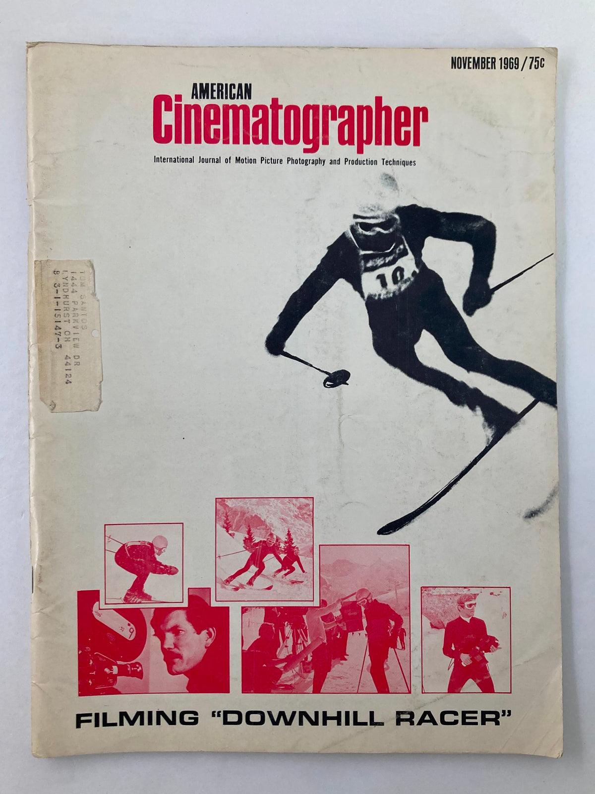 Cover of American Cinematographer Magazine November 1969 featuring an image of a skier and highlights from the filming of 'Downhill Racer'.