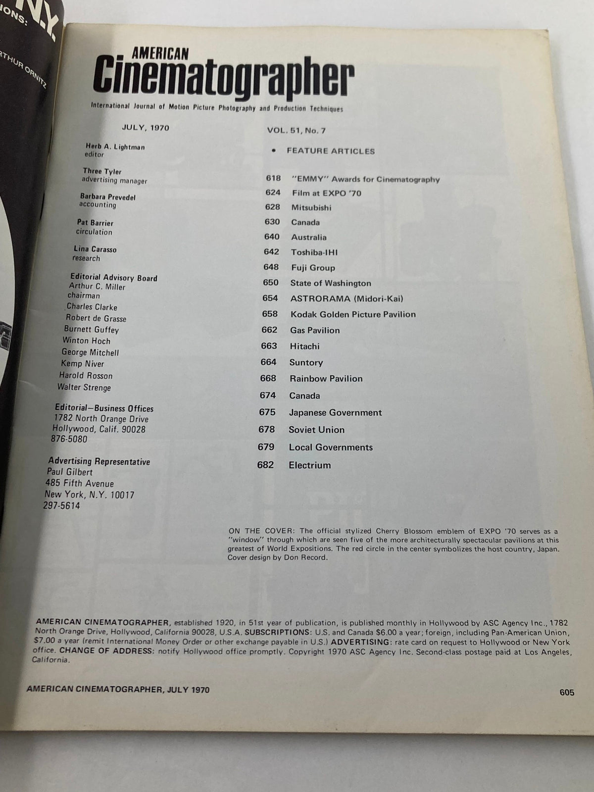Inside page of the American Cinematographer Magazine July 1970 showcasing the feature articles including topics on the Cherry Blossom Expo '70, awards for cinematography and various international pavilions.