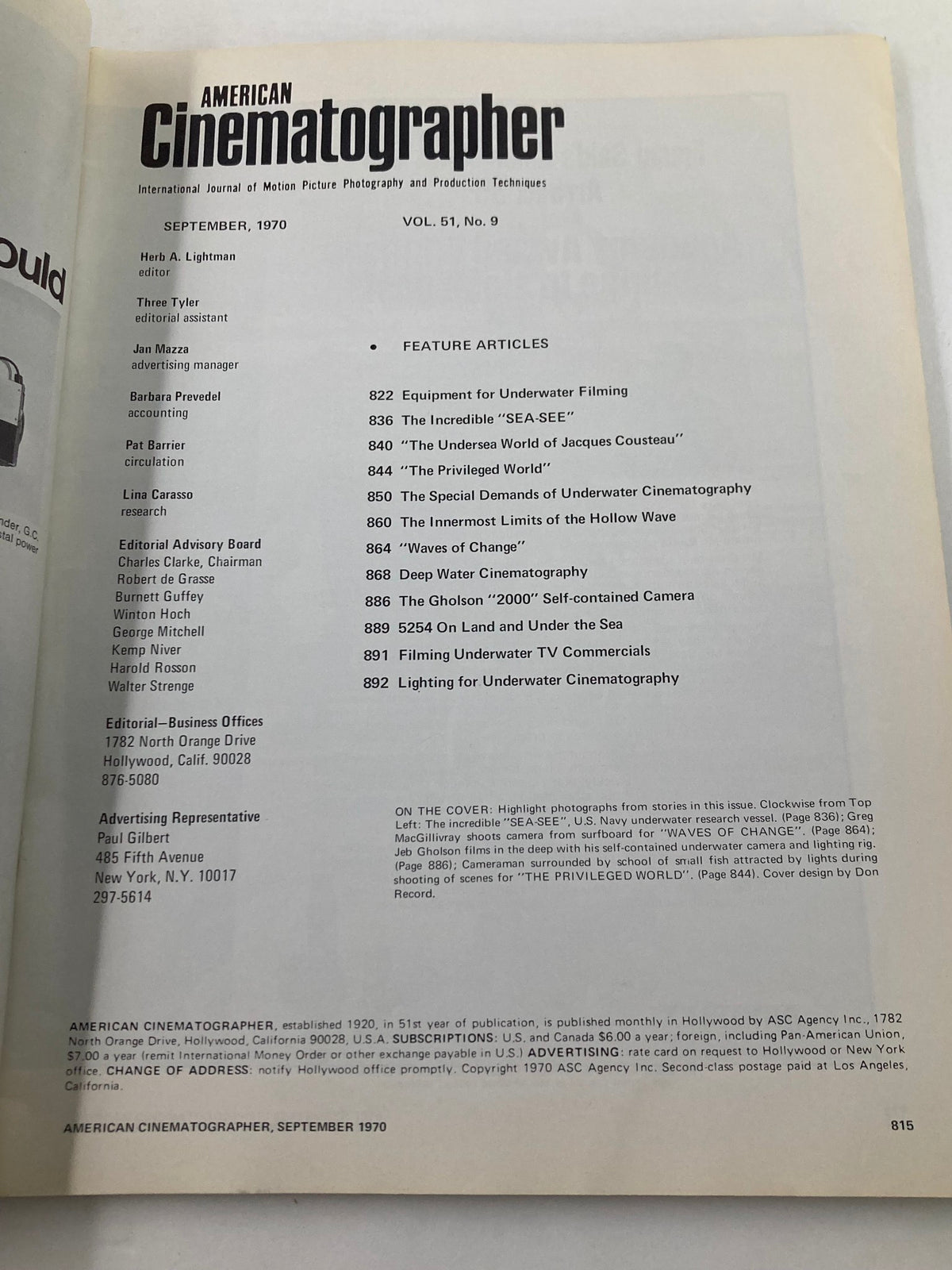 Interior page of American Cinematographer Magazine September 1970 detailing feature articles on underwater filming techniques and cinematography.