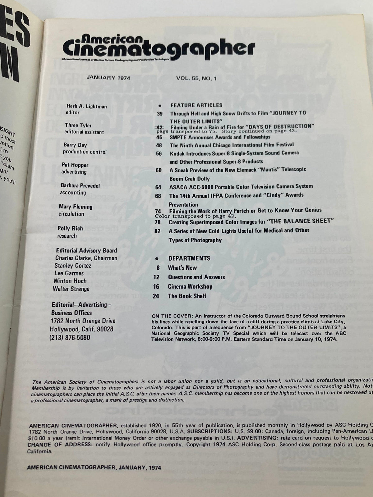 Inside page of American Cinematographer Magazine January 1974, showcasing the table of contents and feature articles including those related to 'Journey to The Outer Limits'.