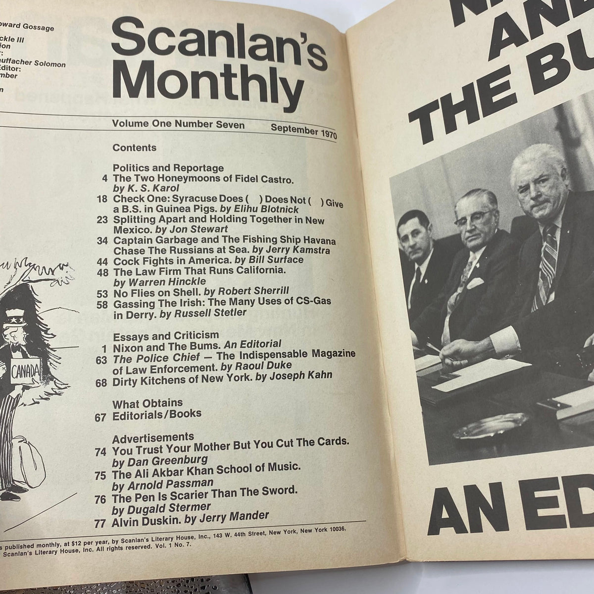 Image of Scanlan's Monthly magazine, Volume One, Number Seven, September 1970, featuring contents about Fidel Castro, political essays, and advertisements.