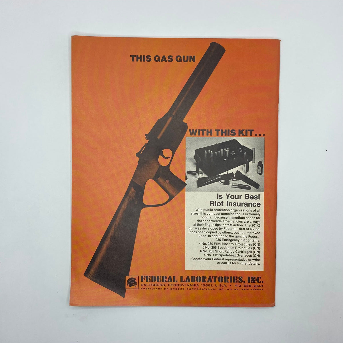 Advertisement featuring a gas gun from Federal Laboratories, showcasing its use as riot insurance, featured in Scanlan's Monthly magazine from September 1970.