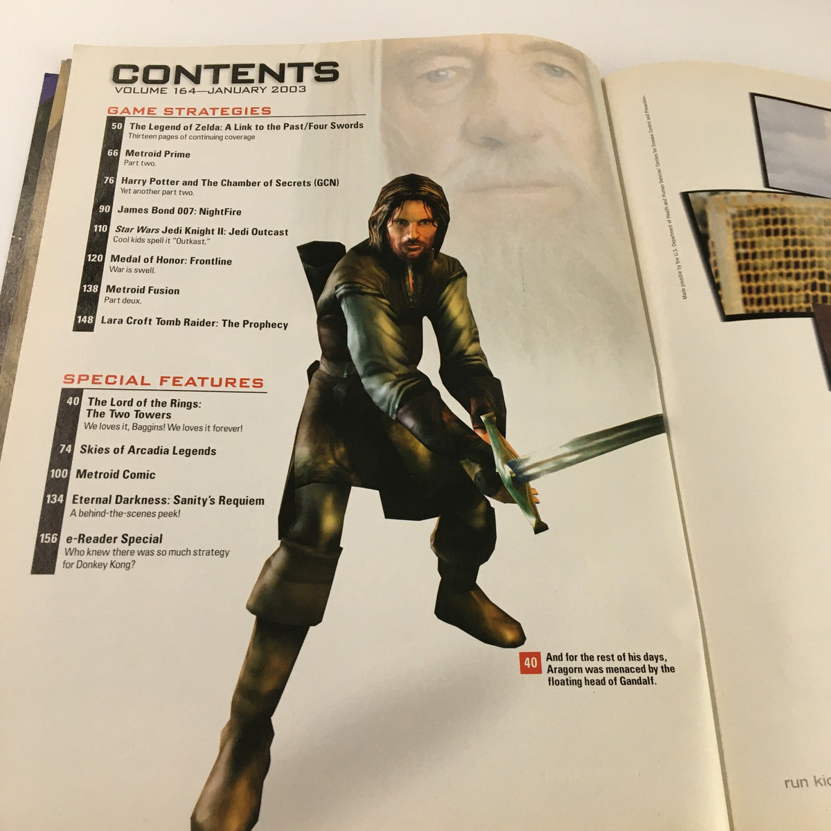 Table of contents from Nintendo Power Magazine Vol. 164 January 2003 displaying game strategies and special features including articles on The Lord of the Rings and Eternal Darkness.