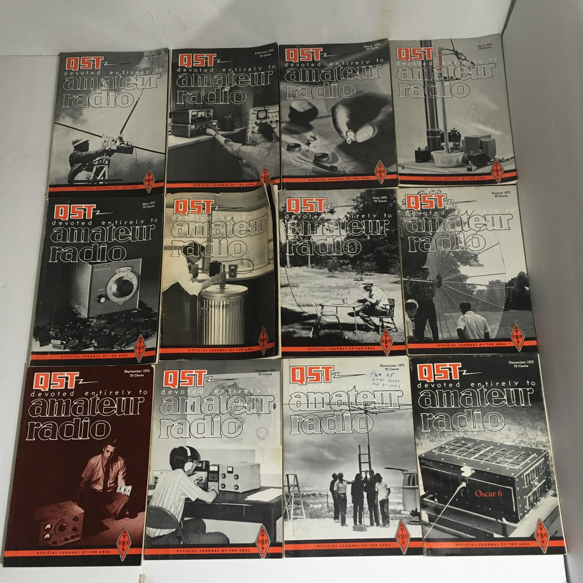 Lot of 12 Complete January to December 1972 QST Amateur Radio - Collection of vintage magazine issues showcasing amateur radio technology, including cover images and notable articles.