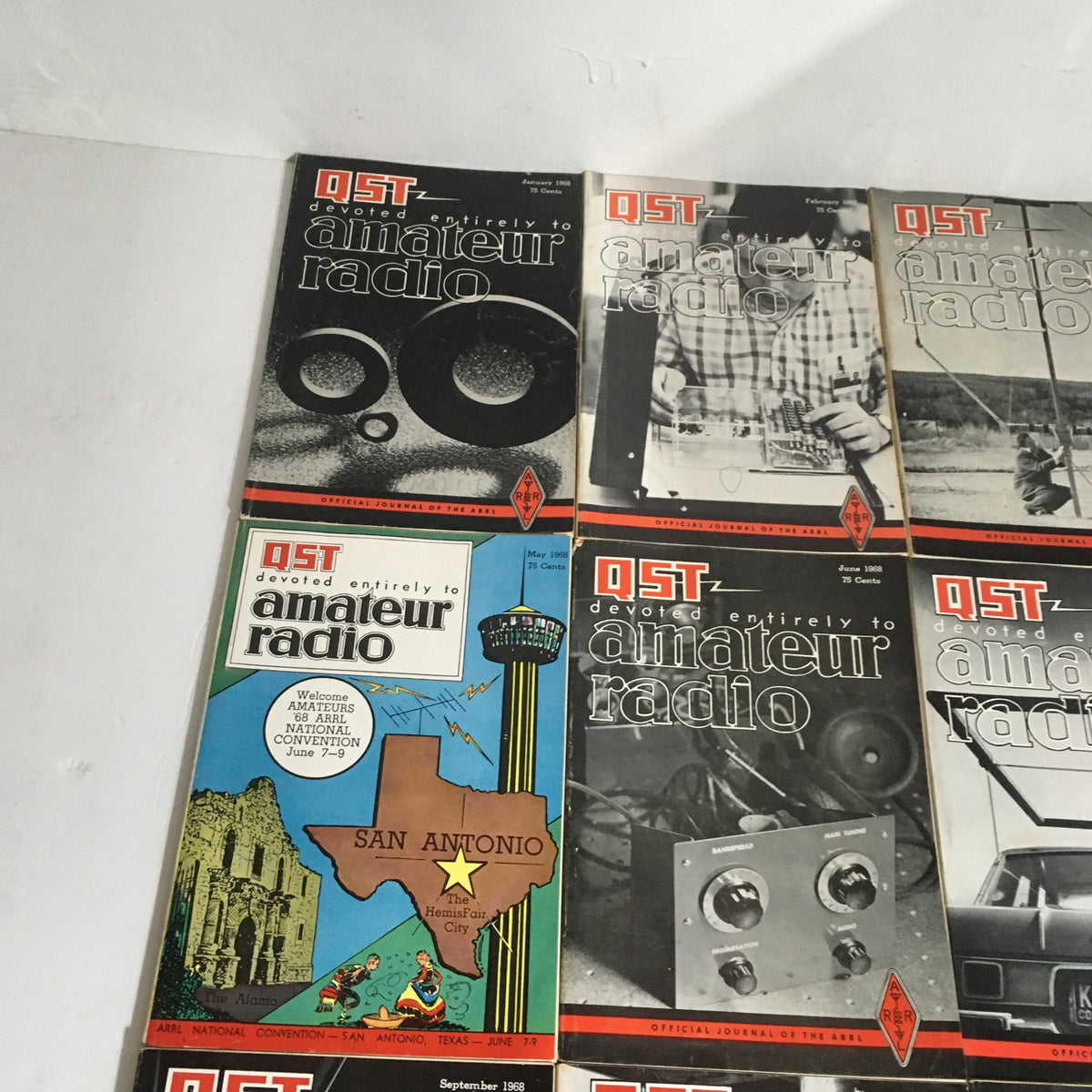 Lot of 12 Complete January to December 1968 QST Amateur Radio Volume 1-12, featuring colorful covers with images of radios and a focus on amateur radio enthusiasts.