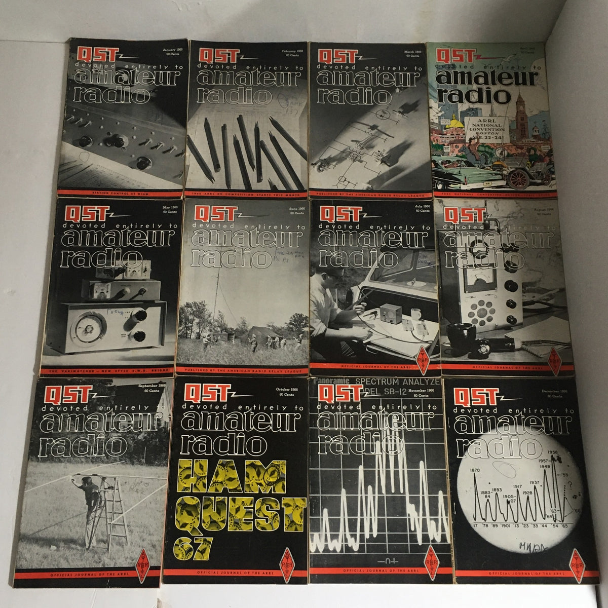Lot of 12 Complete January to December 1966 QST Amateur Radio magazines, showcasing vintage covers and titles related to amateur radio, including articles, technical information, and advertisements.