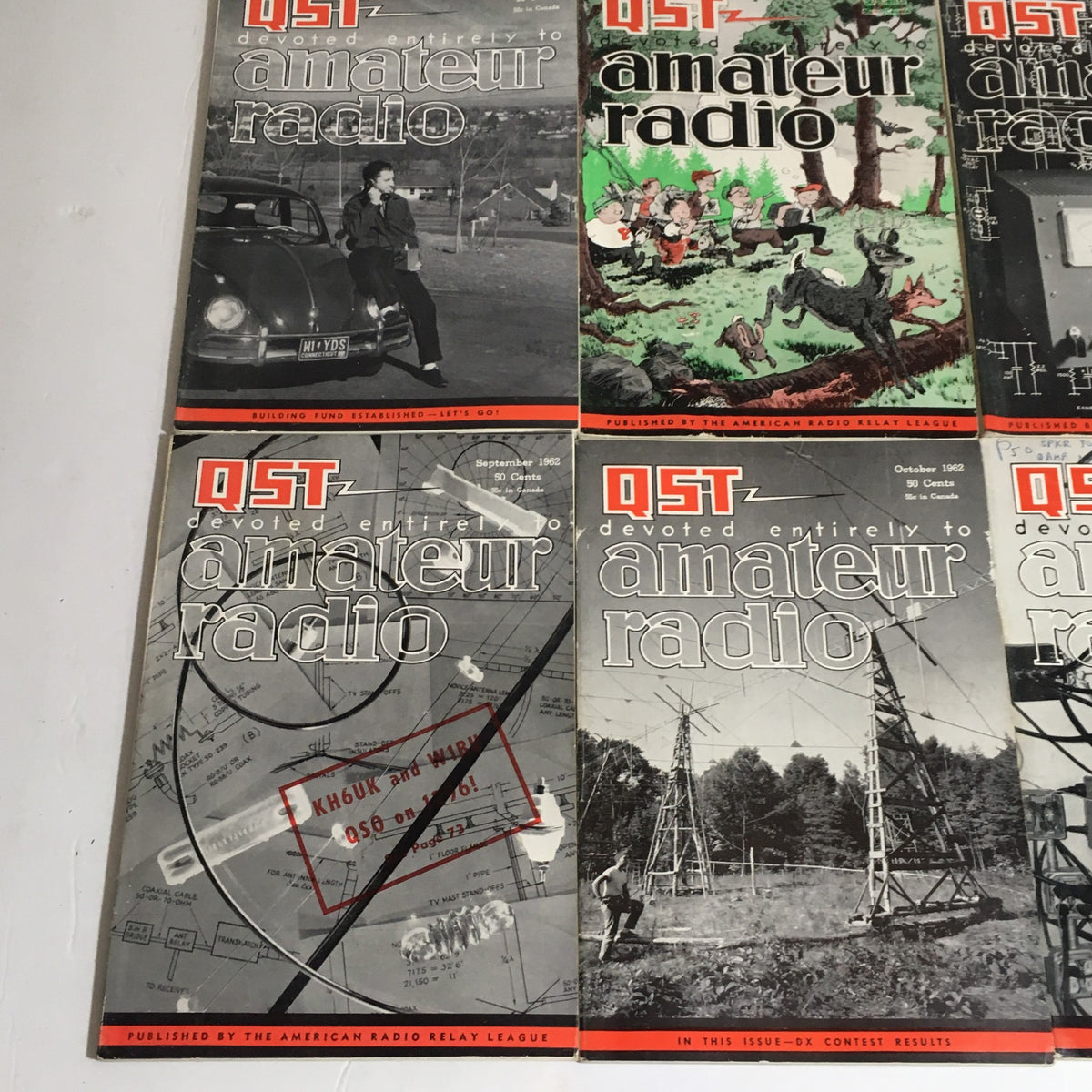 Lot of 12 Complete January to December 1962 QST Amateur Radio featuring magazine covers from September, October, and November issues, highlighting vintage ham radio articles.