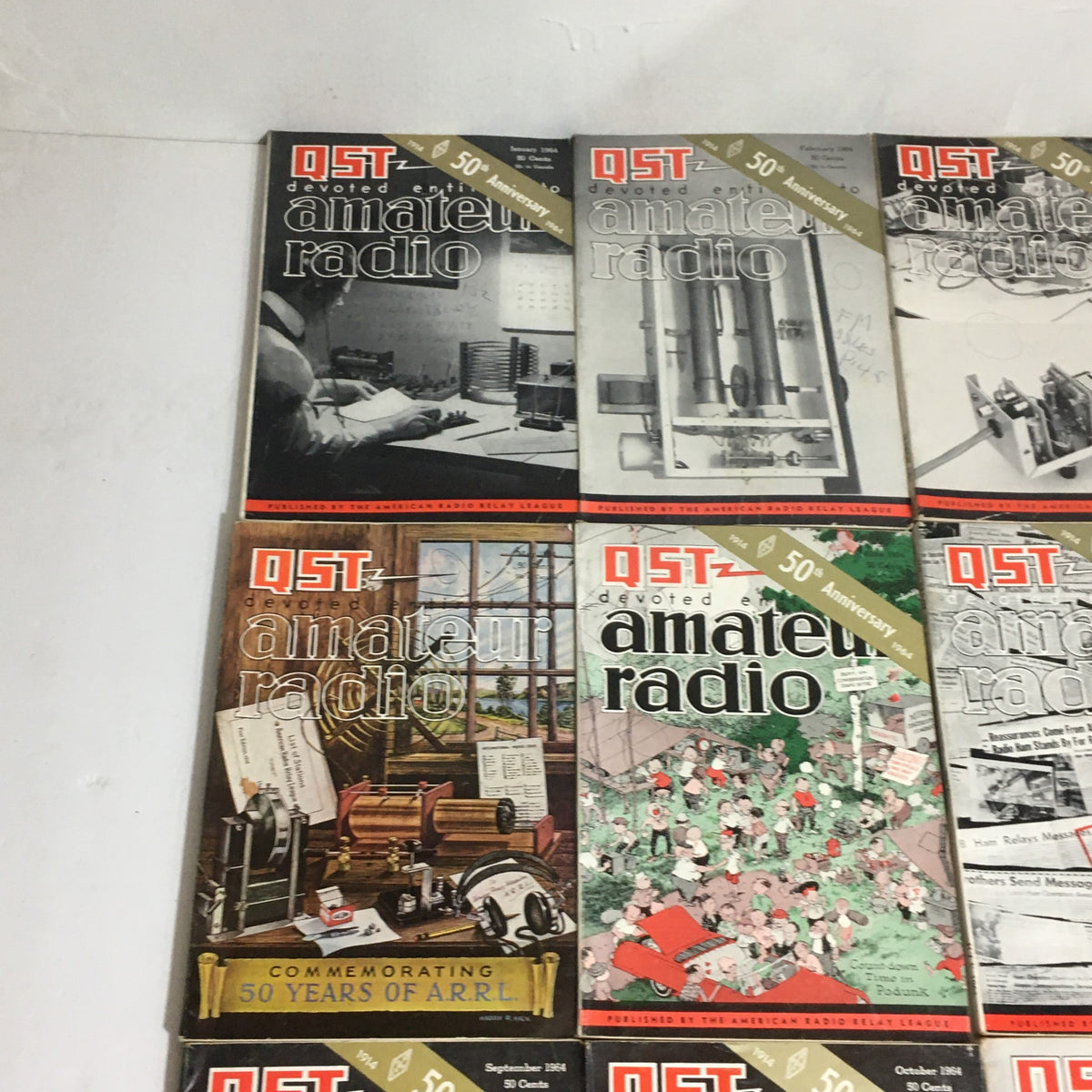 Lot of 12 Complete January to December 1964 QST Amateur Radio magazines, highlighting vintage designs and themes from the 1964 series.