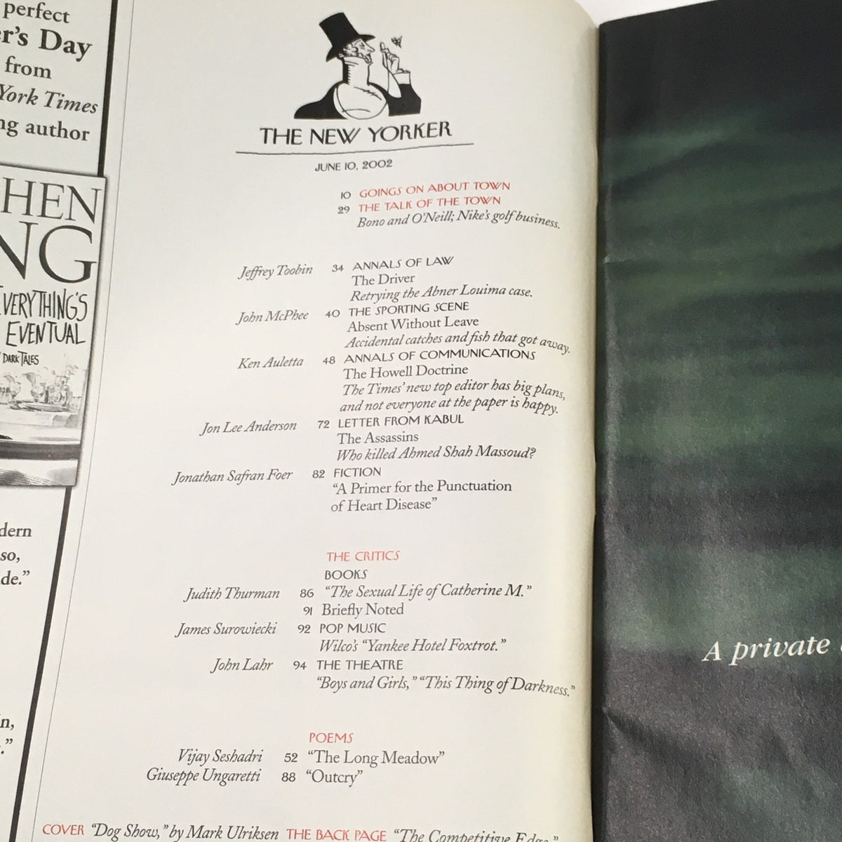 Inside content page of The New Yorker Full Magazine June 10 2002, detailing articles and contributors, featuring the iconic logo and layout of the magazine.