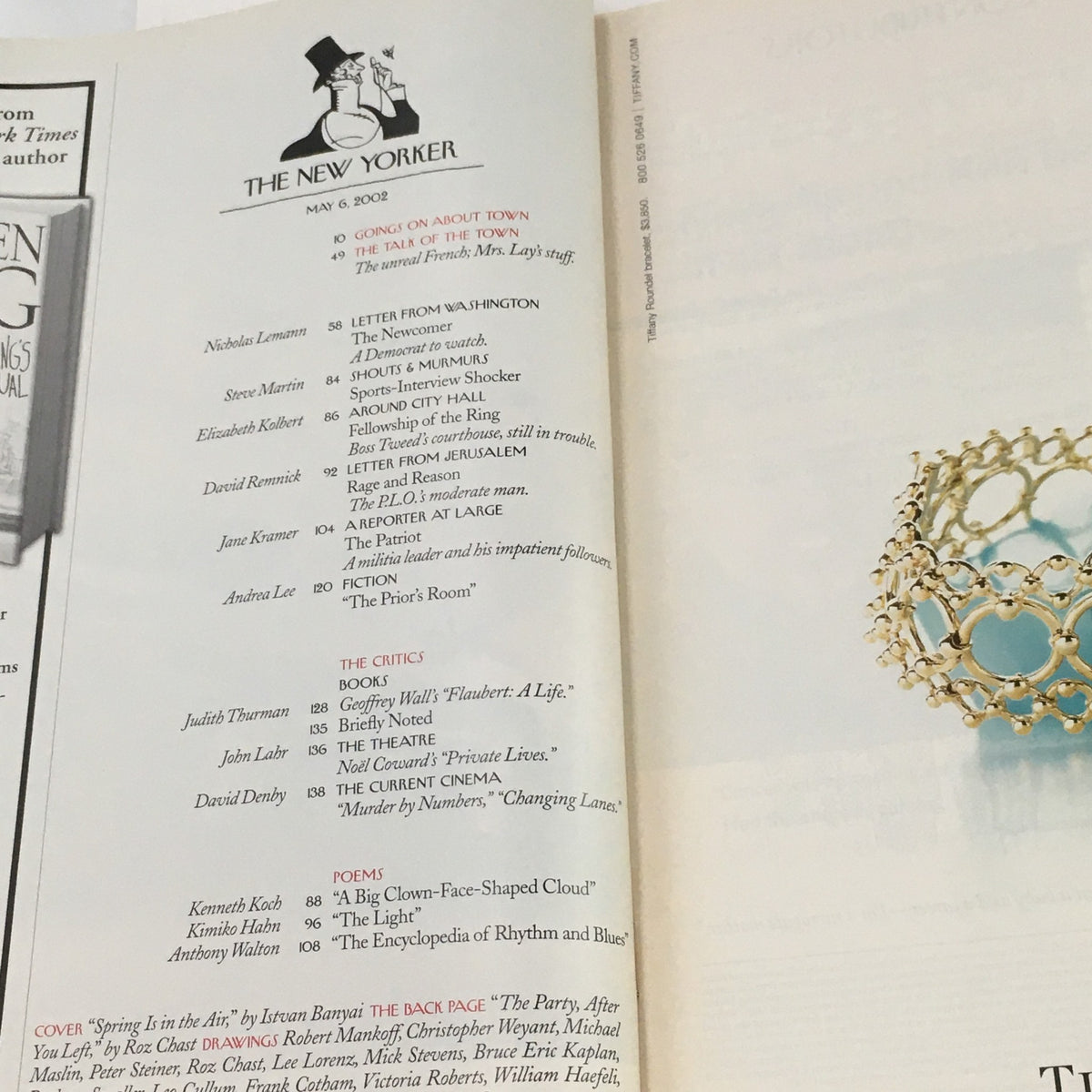 Inside page of The New Yorker magazine from May 6, 2002, displaying table of contents including various articles like 'Going on About Town' and 'The Critics' section.