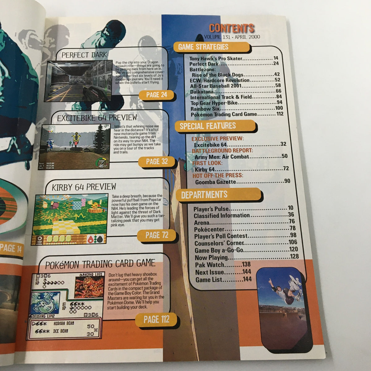 Nintendo Power Magazine #131 April 2000 contents page featuring game strategies, previews, and special features including Tony Hawk's Pro Skater.