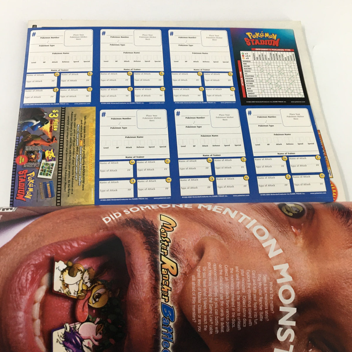 Nintendo Power Magazine #131 April 2000 page featuring Pokémon Stadium card checklist alongside an advertisement for Pokémon trading.