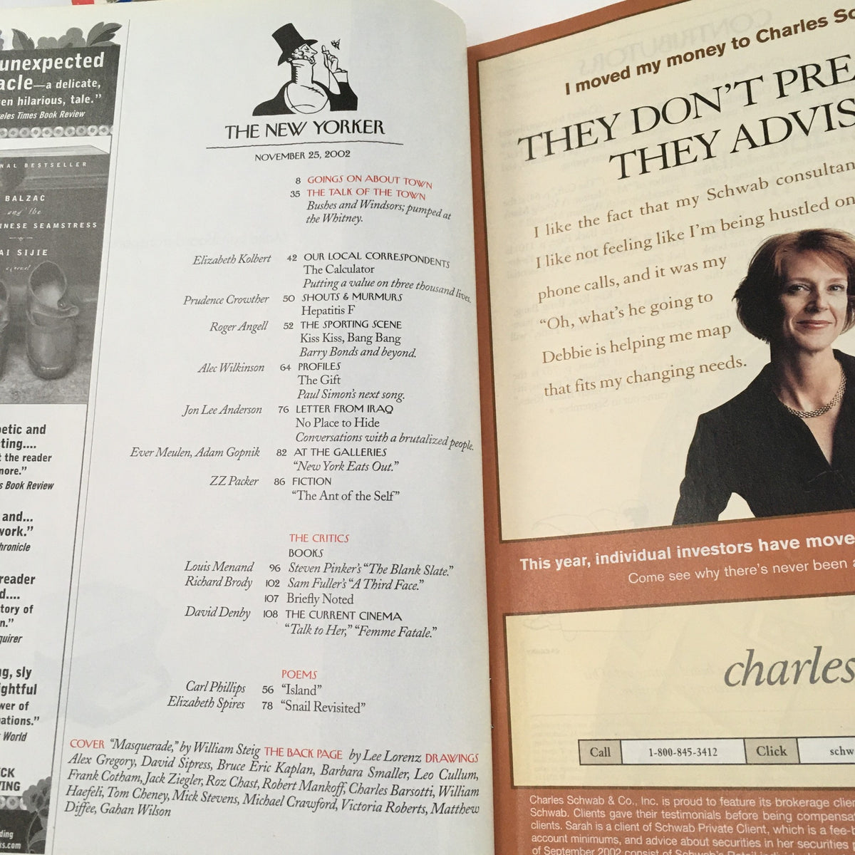 Interior page of The New Yorker magazine from November 25, 2002, showcasing articles and advertisements alongside the iconic title.