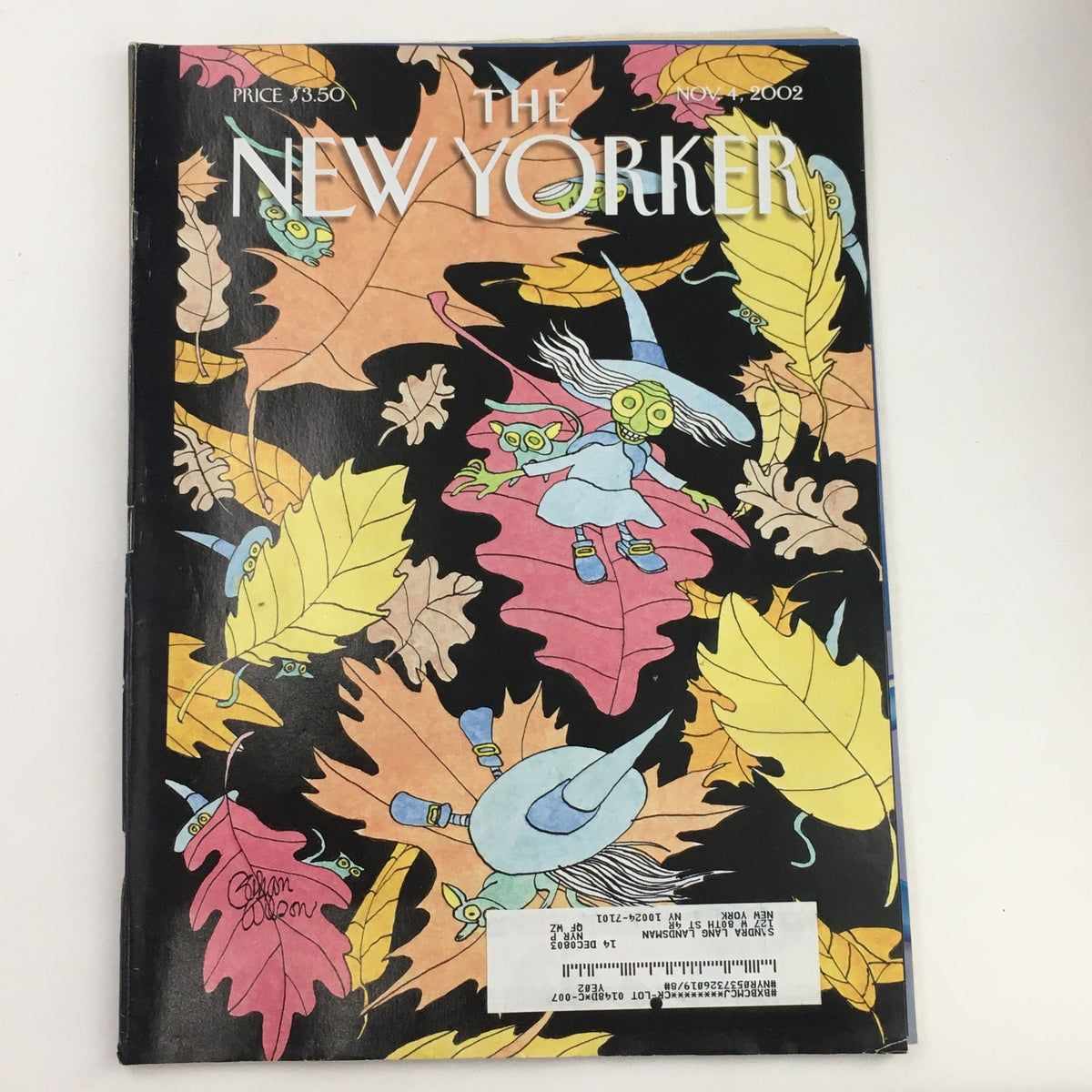 The New Yorker Full Magazine November 4 2002 cover featuring colorful 'Flying Leaves' artwork by Gahan Wilson, illustrating whimsical characters and autumn leaves.
